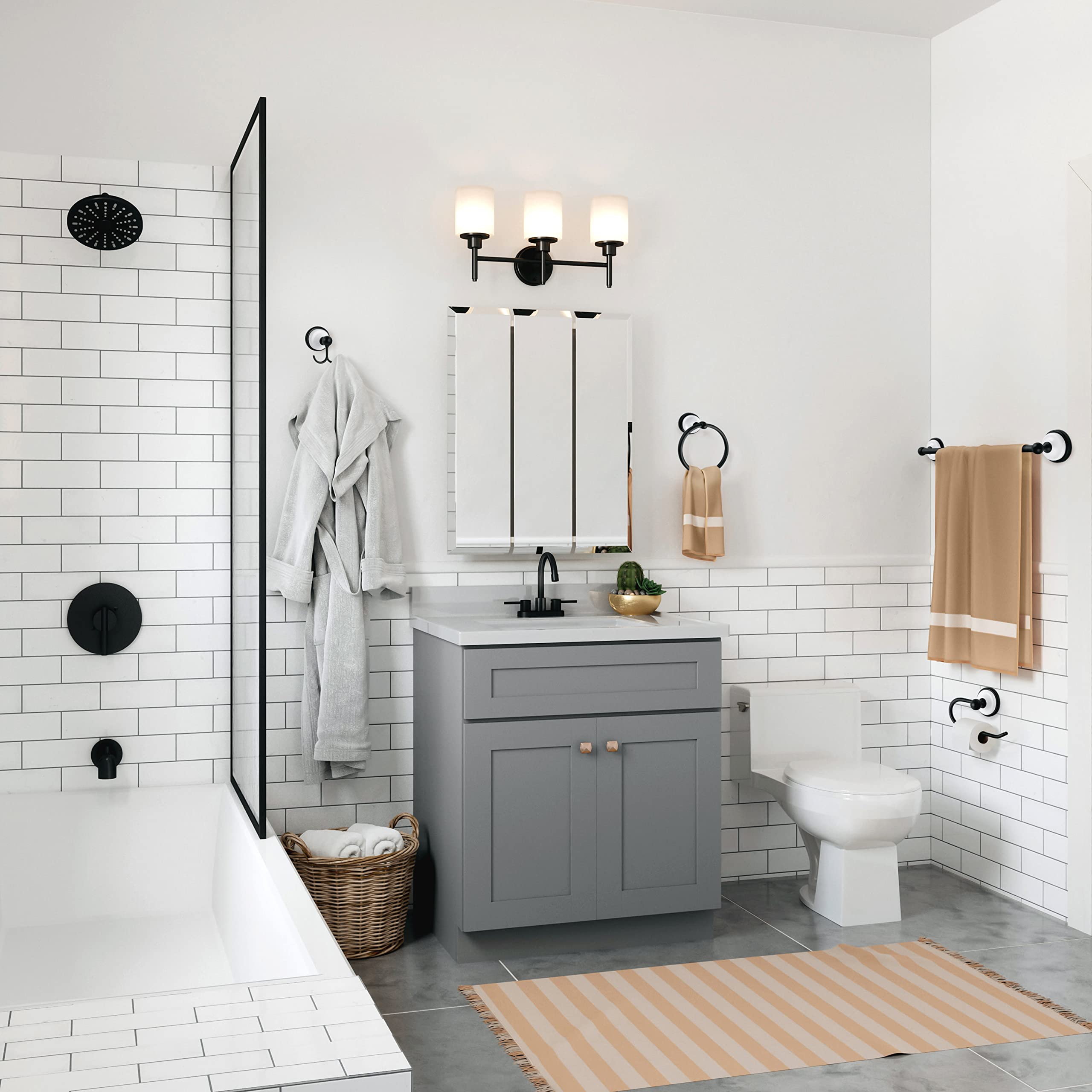 Design House 188425 Savannah 4-Piece Bathroom Hardware Accessory Kit with Towel Bar, Towel Ring, Toilet Paper Holder, and Robe Hook, Matte Black and White - Image 10