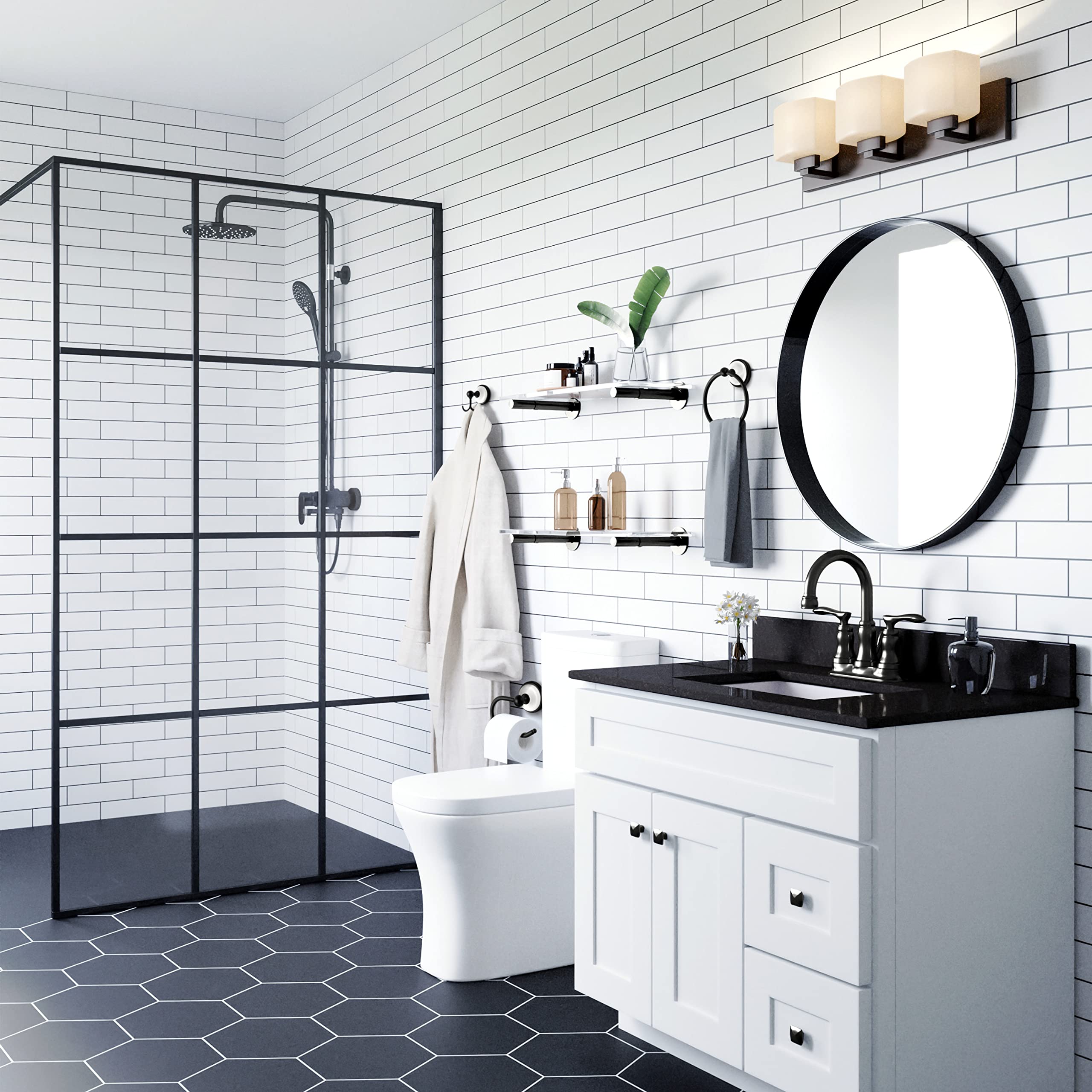 Design House 188425 Savannah 4-Piece Bathroom Hardware Accessory Kit with Towel Bar, Towel Ring, Toilet Paper Holder, and Robe Hook, Matte Black and White - Image 11