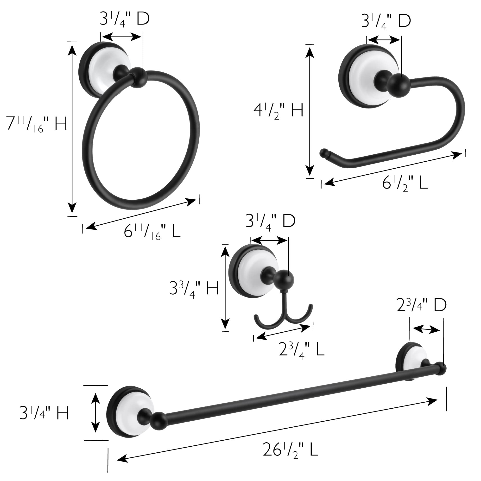 Design House 188425 Savannah 4-Piece Bathroom Hardware Accessory Kit with Towel Bar, Towel Ring, Toilet Paper Holder, and Robe Hook, Matte Black and White - Image 4