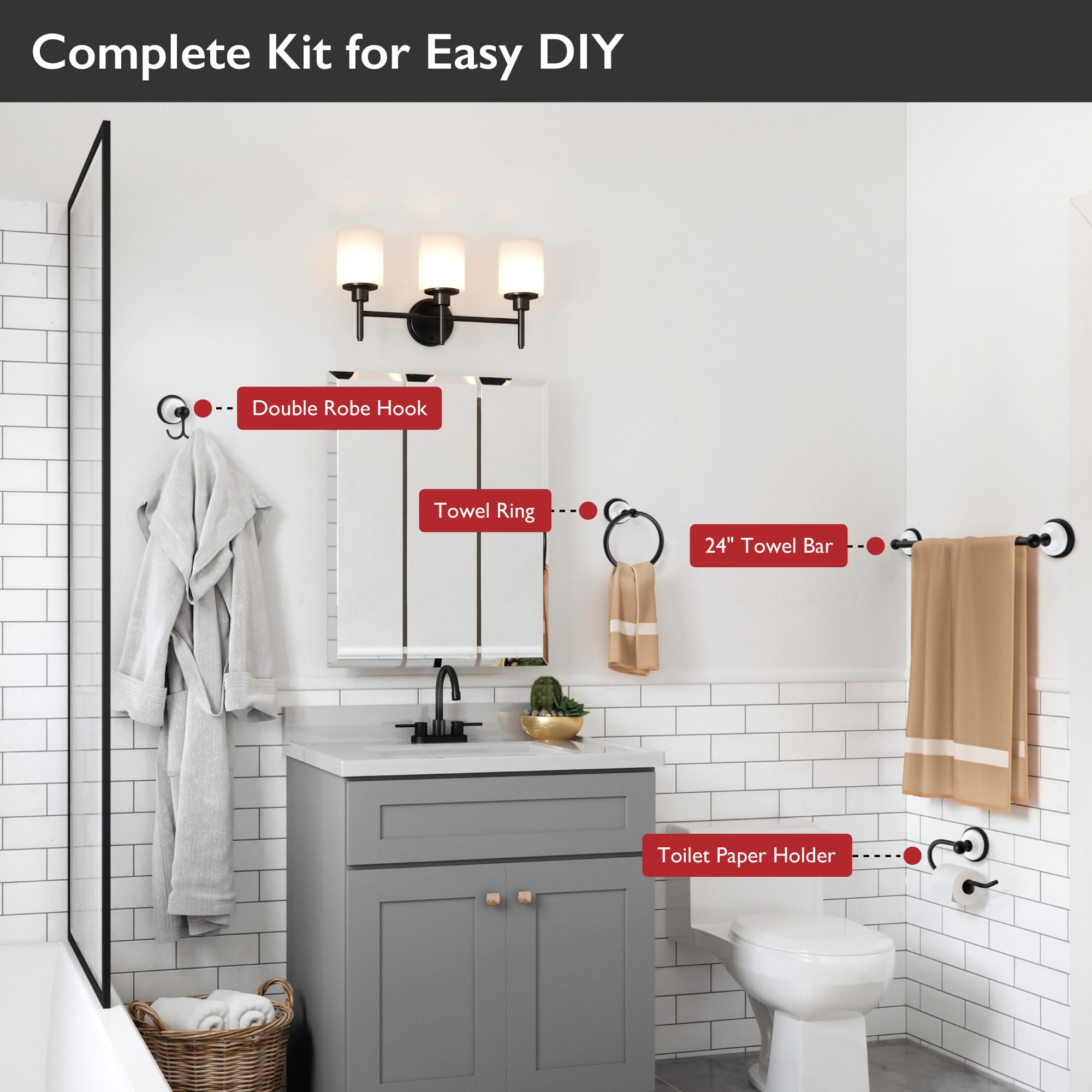 Design House 188425 Savannah 4-Piece Bathroom Hardware Accessory Kit with Towel Bar, Towel Ring, Toilet Paper Holder, and Robe Hook, Matte Black and White - Image 8