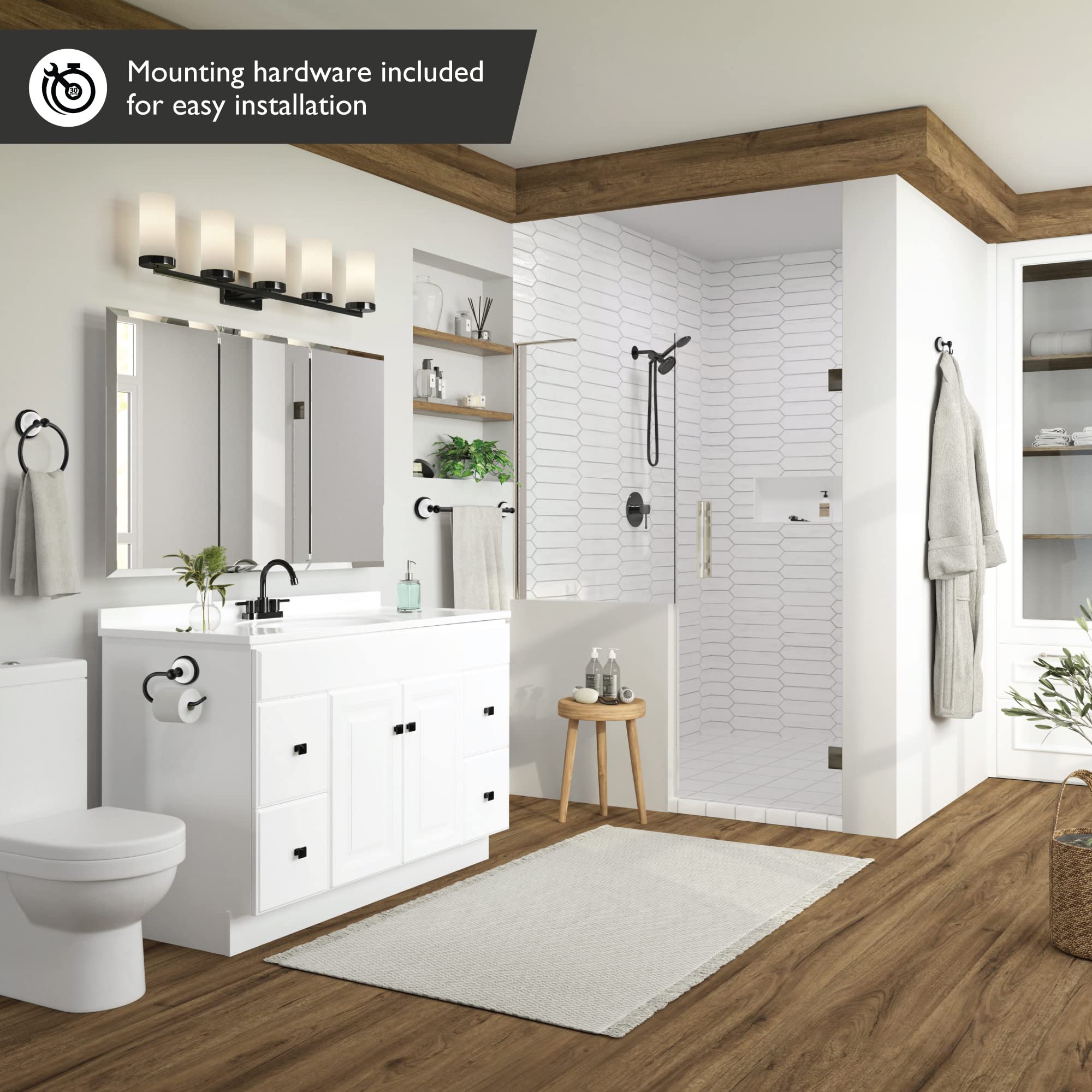 Design House 188425 Savannah 4-Piece Bathroom Hardware Accessory Kit with Towel Bar, Towel Ring, Toilet Paper Holder, and Robe Hook, Matte Black and White - Image 9