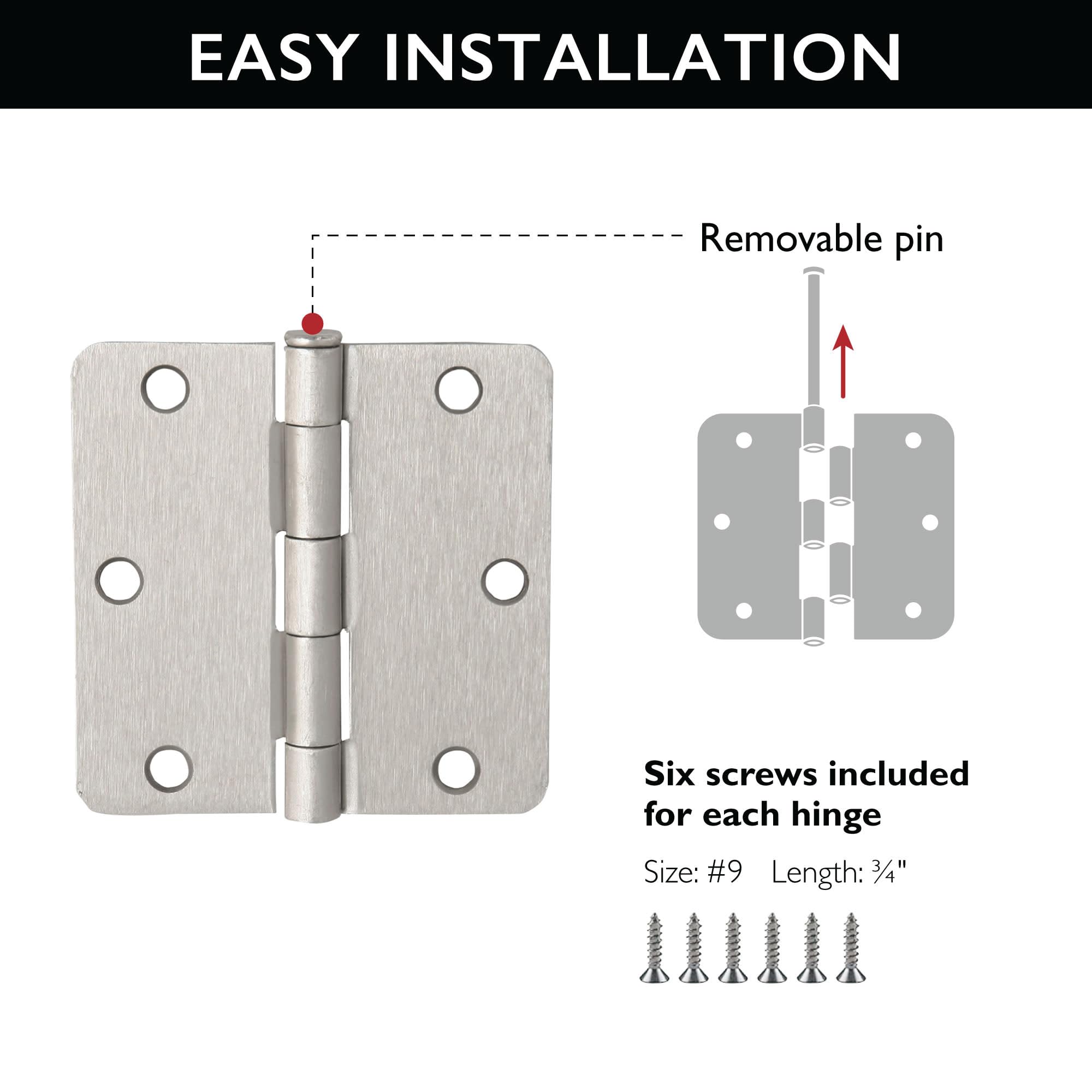 Design House Door Hinges for Interior Doors 3-Pack 3-1/2-inch x 3-1/2-inch, Design House 1/4-inch Radius Steel Door Hinge Door Hardware, Satin Nickel, 181354 - Image 6