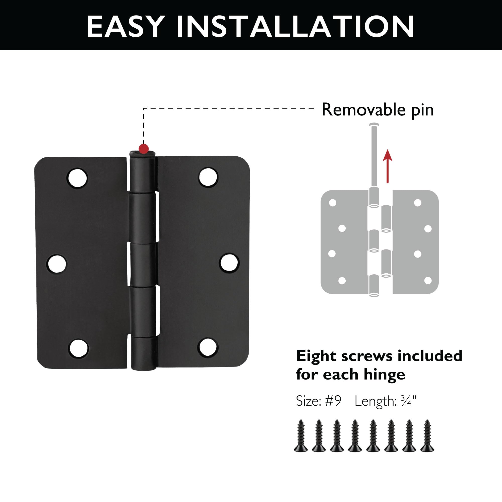 Design House Door Hinges for Interior Doors 3-Pack 3.5-inch x 3.5-inch, Design House 1/4-inch Radius Steel Door Hinge Door Hardware, Matte Black, 188888 - Image 4
