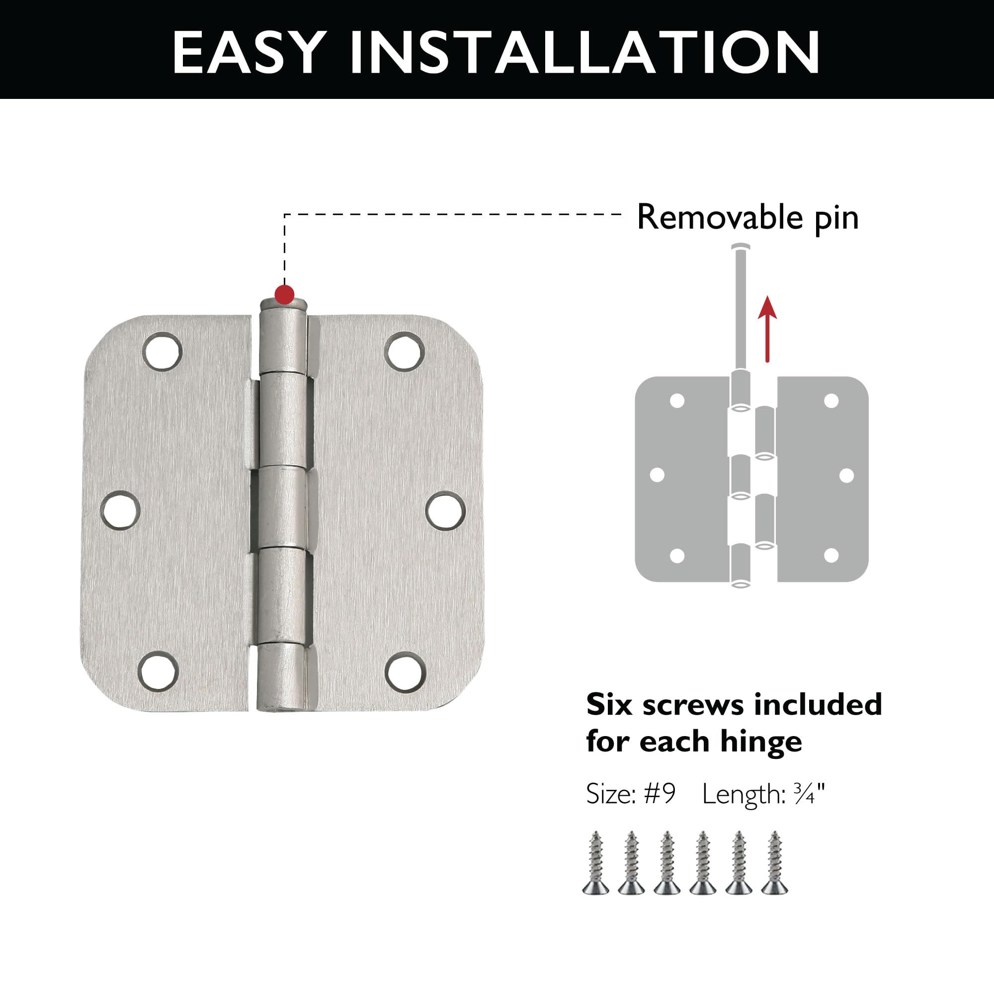 Design House Interior Door Frame Hinges, Water Resistant, Pre-Lubricated, For Left or Right-Handed Doors, Steel Construction, Easy Install, Satin Nickel, 3-Pack, 3.5 in. L x 3.5 in. W, 181412 - Image 6