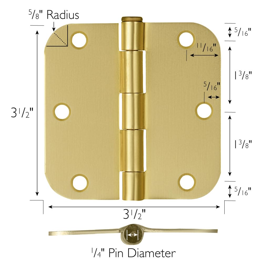 Design House Interior Door Hinges, 3.5 in. x 3.5 in., Rounded, 5/8-in. Radius, Steel, Pre-Lubricated, Door Hardware, Satin Brass, 3-Pack, 181396 - Image 5