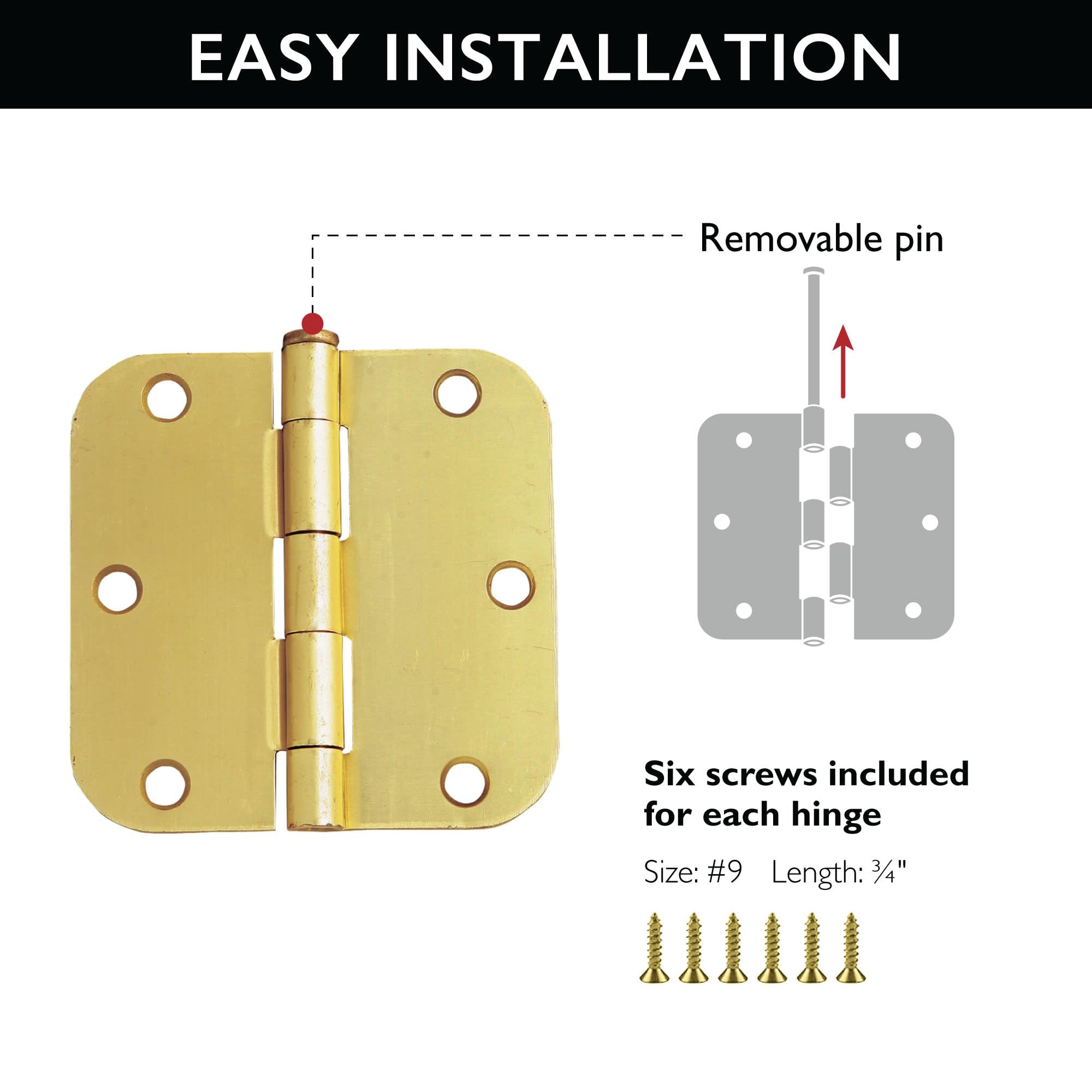 Design House Interior Door Hinges, 3.5 in. x 3.5 in., Rounded, 5/8-in. Radius, Steel, Pre-Lubricated, Door Hardware, Satin Brass, 3-Pack, 181396 - Image 6