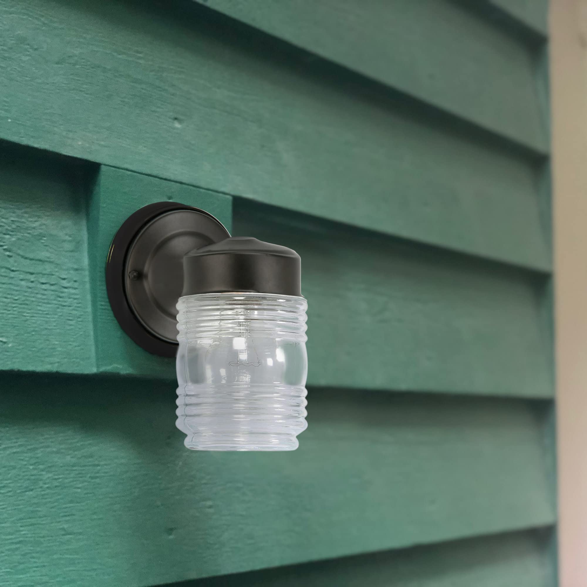 Design House Jelly Jar Wall Light, Indoor/Outdoor, Clear Ribbed Glass, Dimmable, Matte Black, Wall Mount Sconce Fixture, 4.5 in W x 7.5 in H x 5.25 in D, 502195 - Image 5