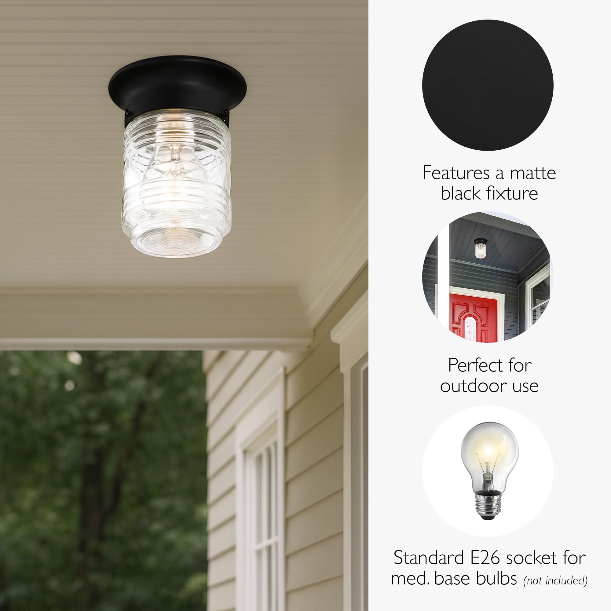 Design House Outdoor Ceiling Light, Jelly Jar Shape, Clear Ribbed Glass, Wet Rated, LED-Compatible, For Porches/Patios/Garages, Black, 4.8 in W x 5.9 in H, 587220 - Image 3