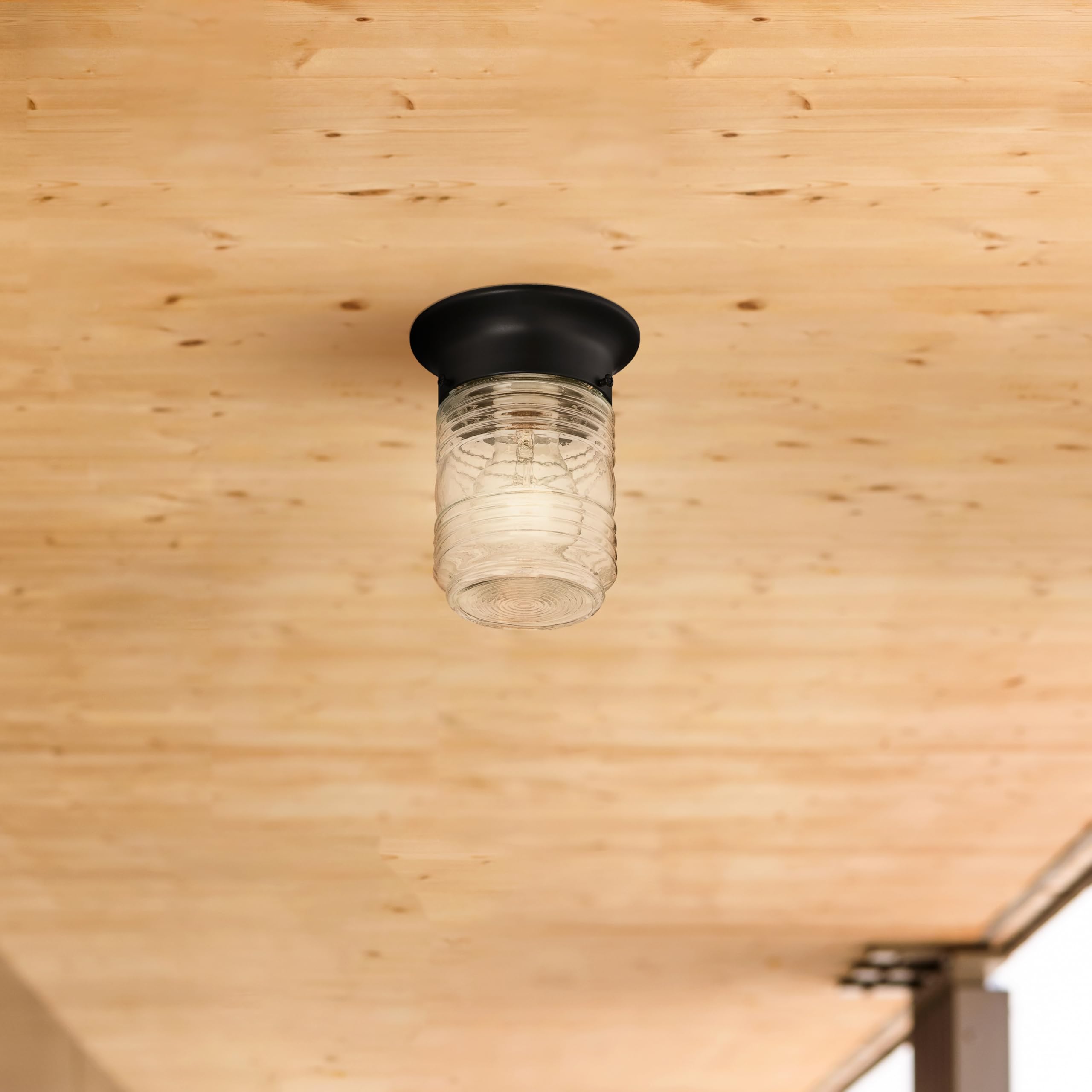 Design House Outdoor Ceiling Light, Jelly Jar Shape, Clear Ribbed Glass, Wet Rated, LED-Compatible, For Porches/Patios/Garages, Black, 4.8 in W x 5.9 in H, 587220 - Image 5